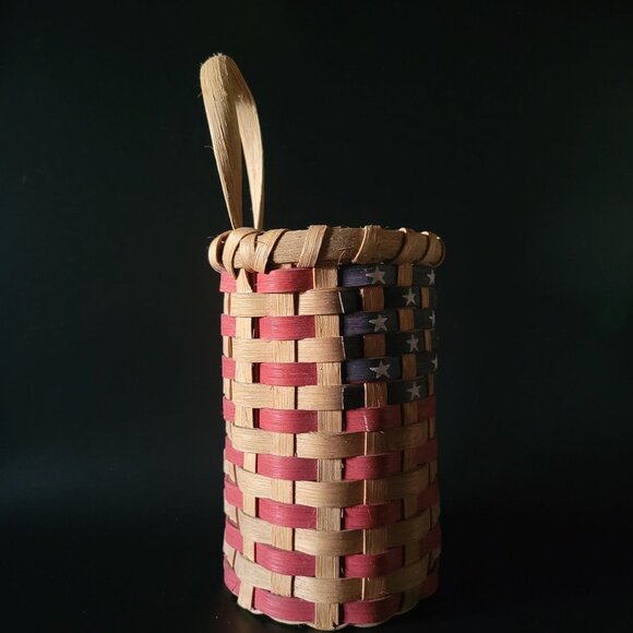 Patriotic-Themed Woven Basket Stars and Stripes Rustic Decor Signed Americana - Picture 4 of 7